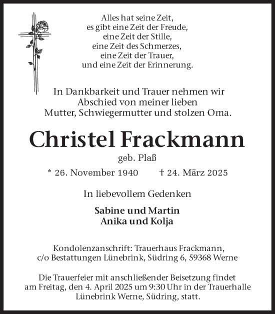Traueranzeige von Christel Frackmann von Ruhr Nachrichten