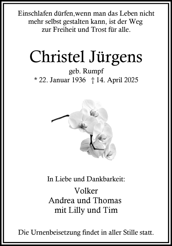 Traueranzeige von Christel Jürgens von Hellweger Anzeiger