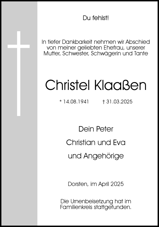 Traueranzeige von Christel Klaaßen von Ruhr Nachrichten und Dorstener Zeitung