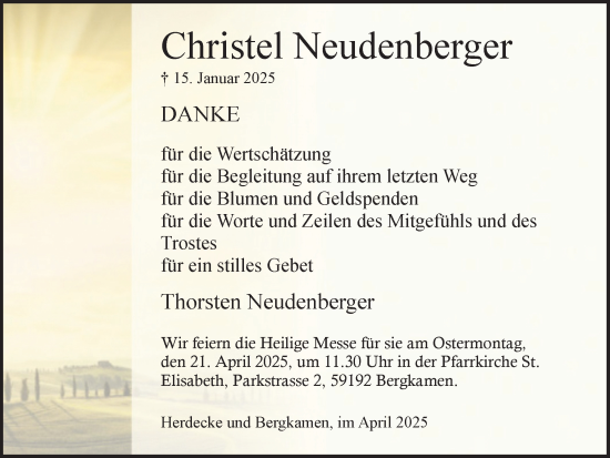 Traueranzeige von Christel Neudenberger von Hellweger Anzeiger