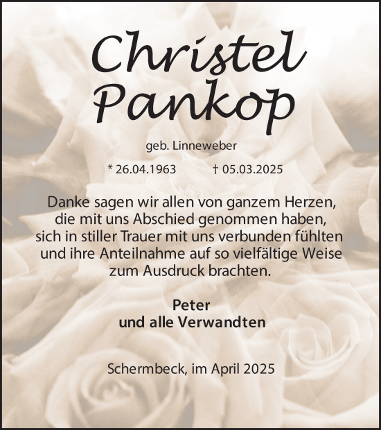 Traueranzeige von Christel Pankop von Ruhr Nachrichten und Dorstener Zeitung