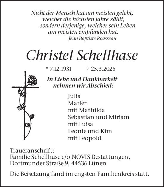 Traueranzeige von Christel Schellhase von Ruhr Nachrichten