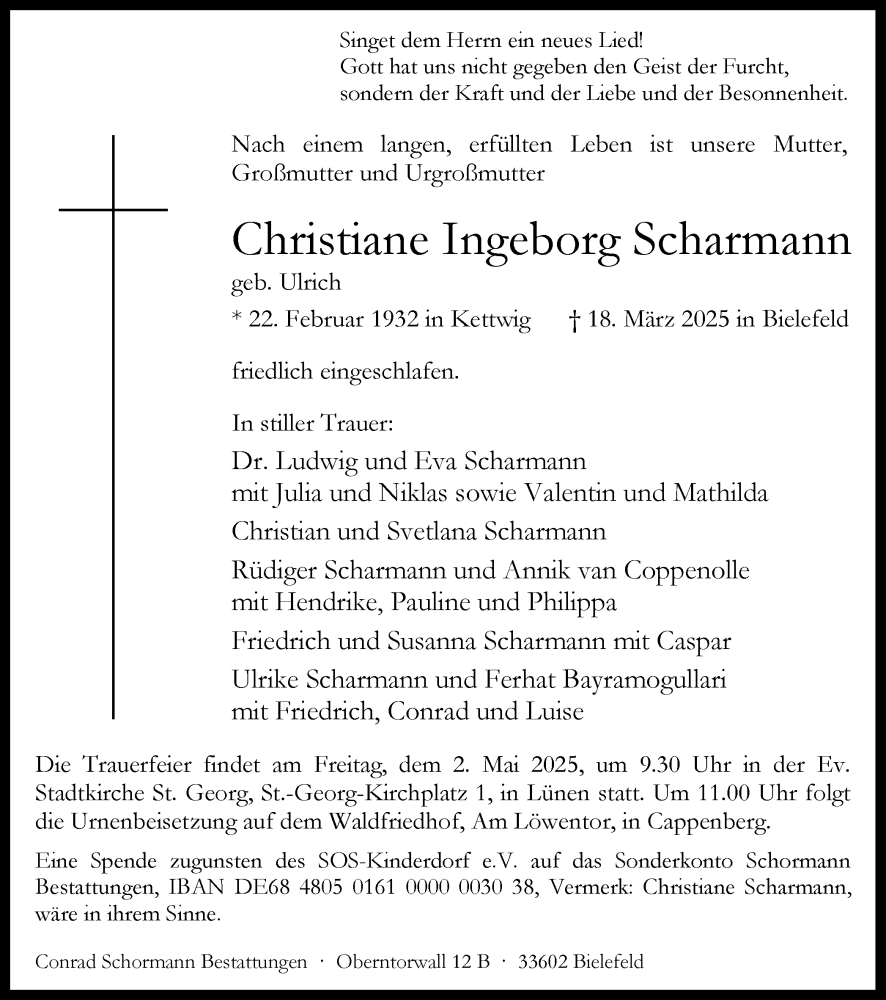 Traueranzeige für Christiane Ingeborg Scharmann vom 12.04.2025 aus Ruhr Nachrichten
