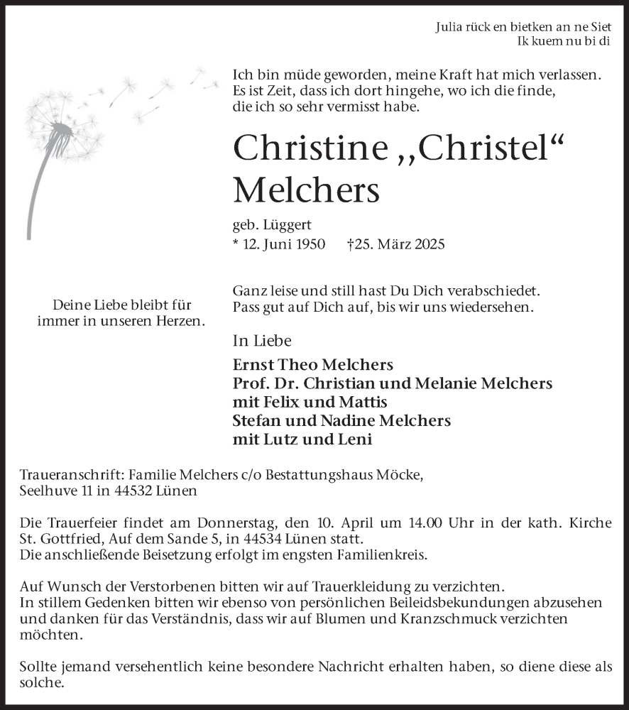  Traueranzeige für Christine Melchers vom 05.04.2025 aus Ruhr Nachrichten
