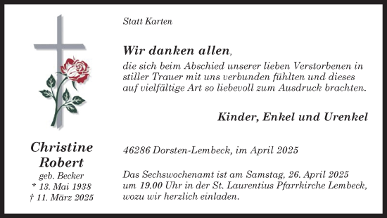 Traueranzeige von Christine Robert von Ruhr Nachrichten und Dorstener Zeitung