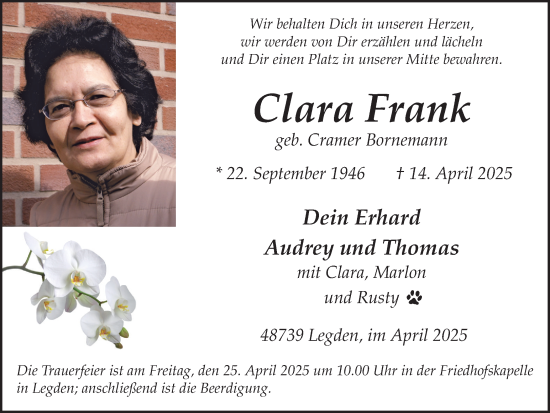 Traueranzeige von Clara Frank von Münsterland Zeitung