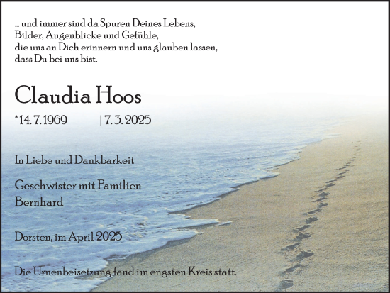Traueranzeige von Claudia Hoos 