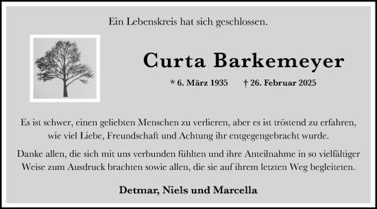 Traueranzeige von Curta Barkemeyer von Ruhr Nachrichten