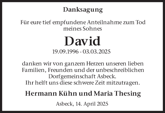 Traueranzeige von David  von Münsterland Zeitung