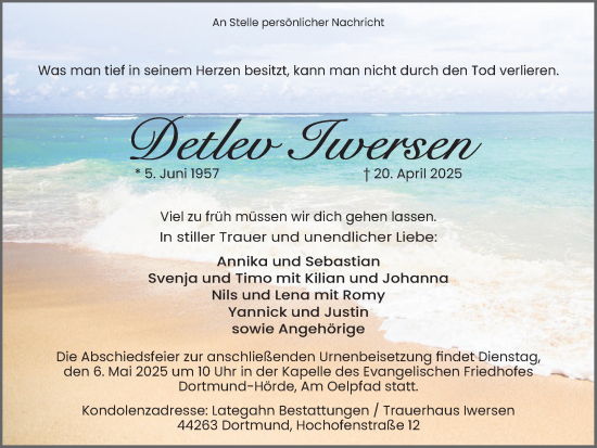 Traueranzeige von Detlev Iwersen von Ruhr Nachrichten