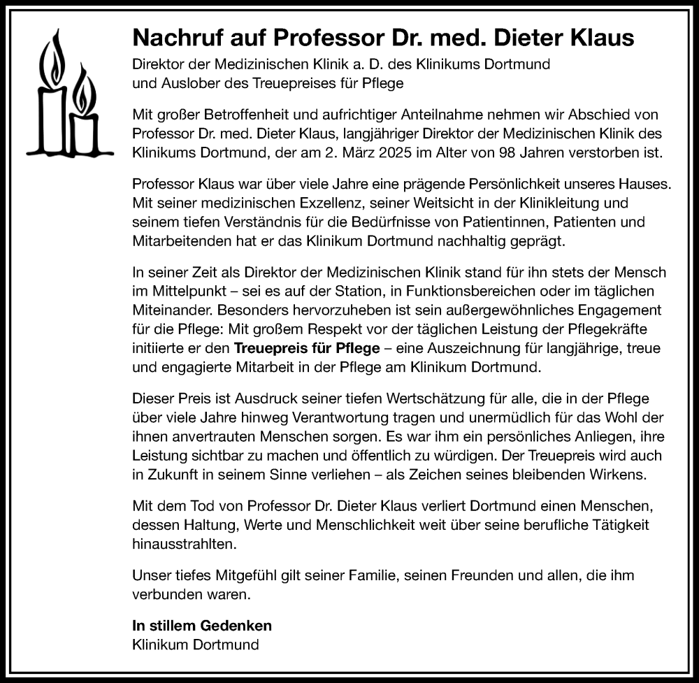  Traueranzeige für Dieter Klaus vom 12.04.2025 aus 