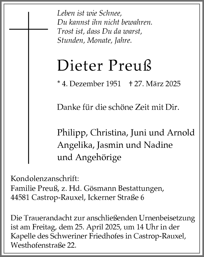  Traueranzeige für Dieter Preuß vom 12.04.2025 aus Stadtanzeiger Castrop-Rauxel