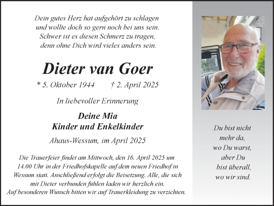 Traueranzeige von Dieter van Goer von Münsterland Zeitung