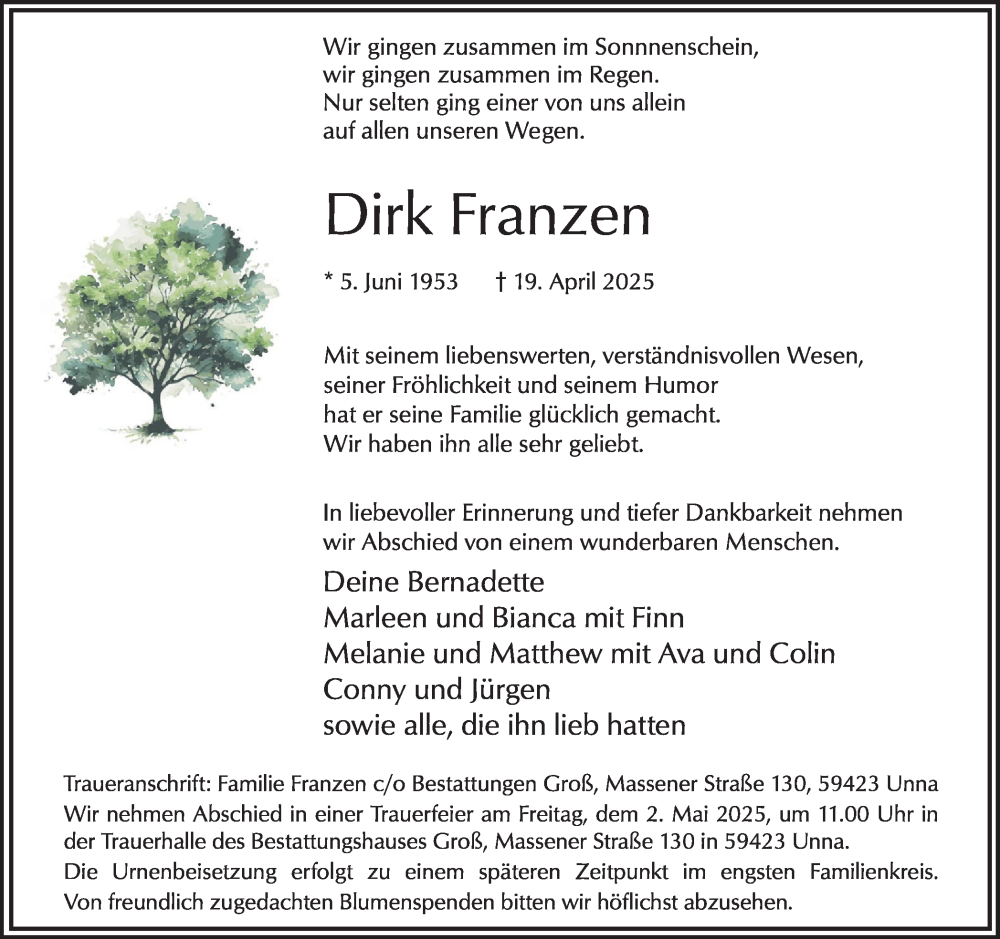  Traueranzeige für Dirk Franzen vom 26.04.2025 aus Hellweger Anzeiger
