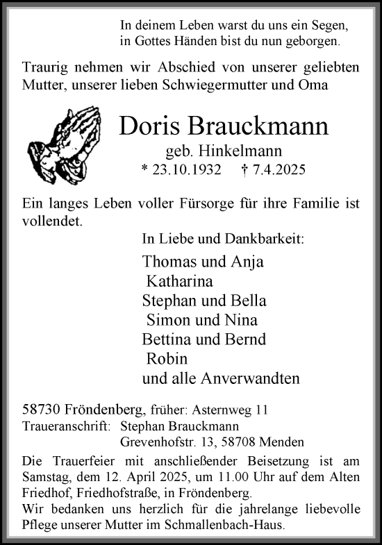 Traueranzeige von Doris Brauckmann von Hellweger Anzeiger
