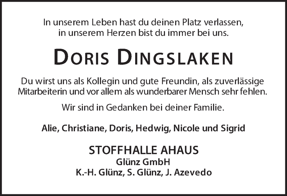  Traueranzeige für Doris Dingslaken vom 02.04.2025 aus Münsterland Zeitung