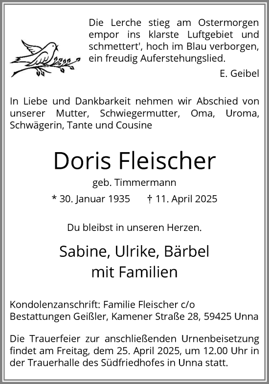 Traueranzeige von Doris Fleischer von Hellweger Anzeiger