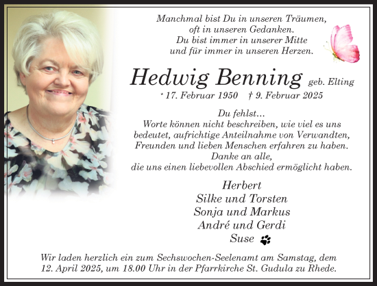 Traueranzeige von Hedwig Benning von Bocholter Borkener Volksblatt 