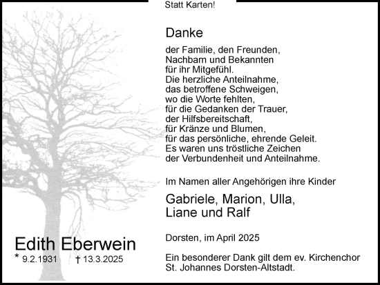 Traueranzeige von Edith Eberwein von Ruhr Nachrichten und Dorstener Zeitung