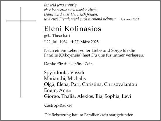 Traueranzeige von Eleni Kolinasios von Stadtanzeiger Castrop-Rauxel