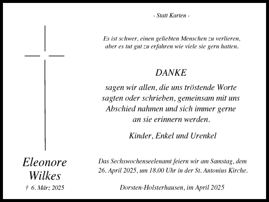 Traueranzeige von Eleonore Wilkes von Ruhr Nachrichten und Dorstener Zeitung