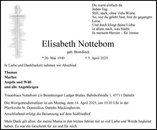 Traueranzeige von Elisabeth Nottebom von Trauer Vest