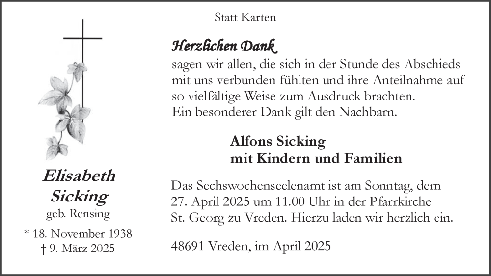 Traueranzeige für Elisabeth Sicking vom 23.04.2025 aus Münsterland Zeitung