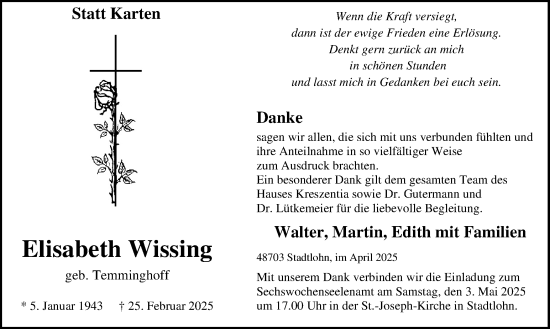 Traueranzeige von Elisabeth Wissing von Münsterland Zeitung