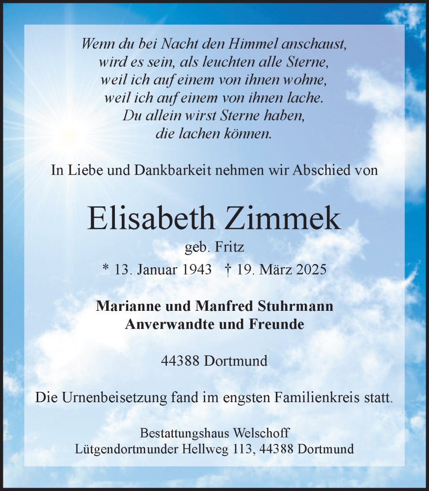  Traueranzeige für Elisabeth Zimmek vom 05.04.2025 aus Ruhr Nachrichten