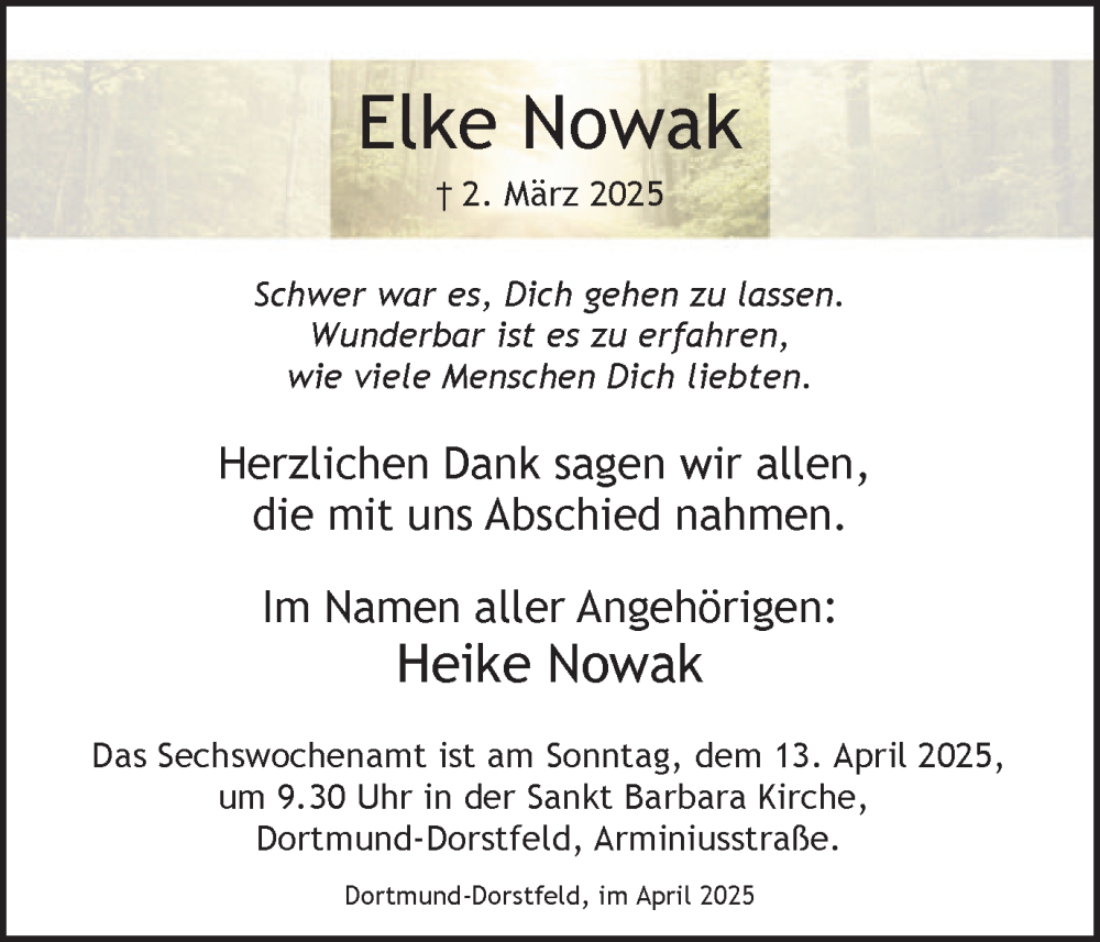  Traueranzeige für Elke Nowak vom 05.04.2025 aus Ruhr Nachrichten