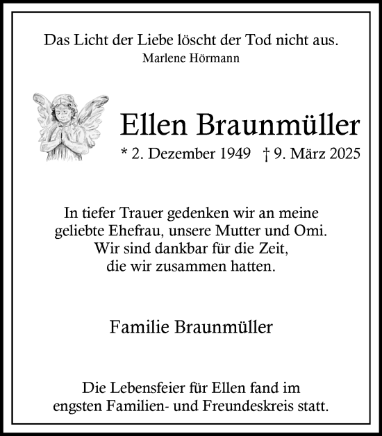 Traueranzeige von Ellen Braunmüller von Ruhr Nachrichten