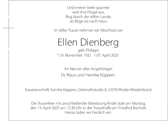 Traueranzeige von Ellen Dienberg 