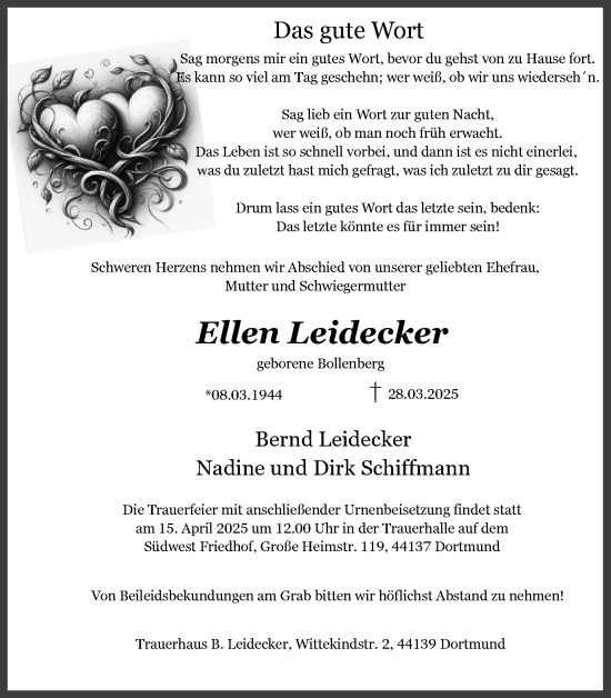 Traueranzeige von Ellen Leidecker von Ruhr Nachrichten