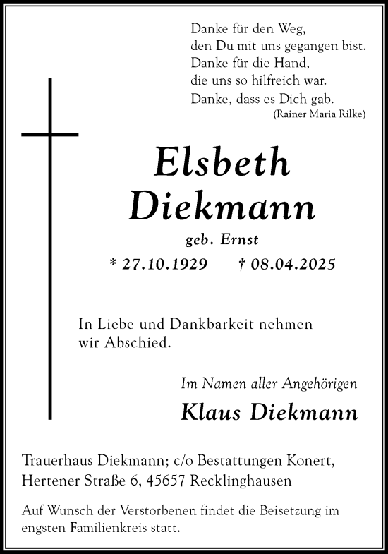 Traueranzeige von Elsbeth Diekmann von Trauer Vest