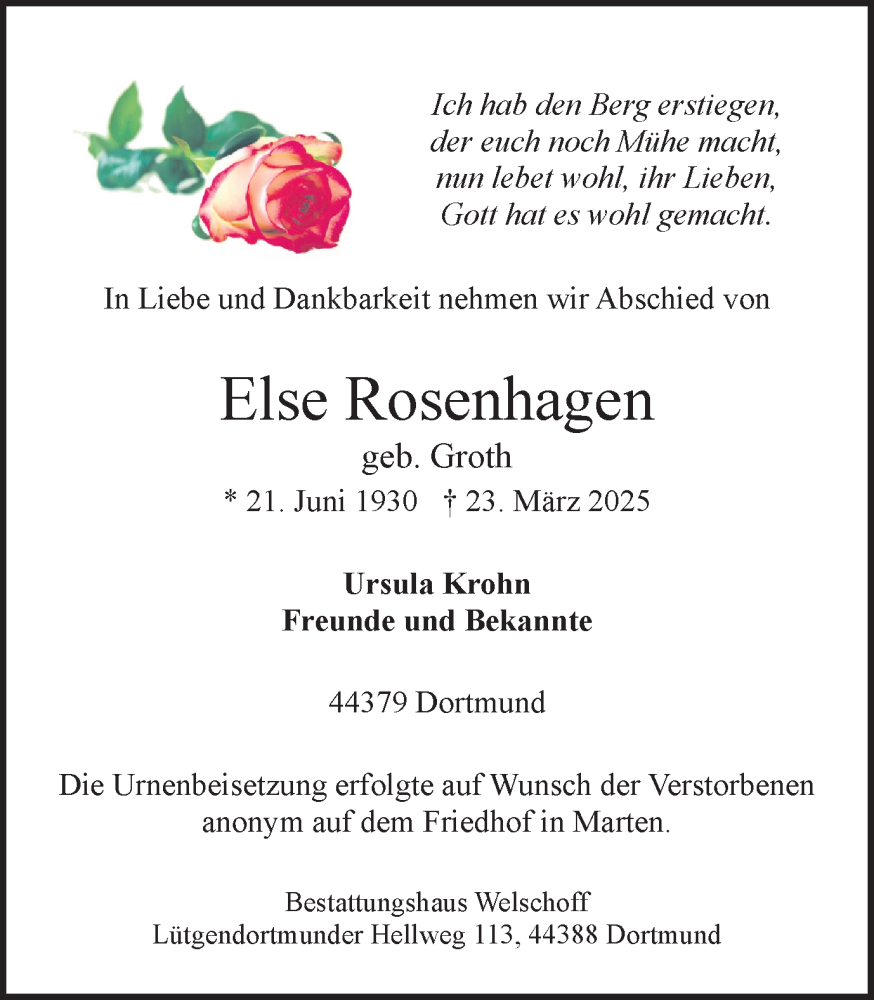  Traueranzeige für Else Rosenhagen vom 05.04.2025 aus Ruhr Nachrichten