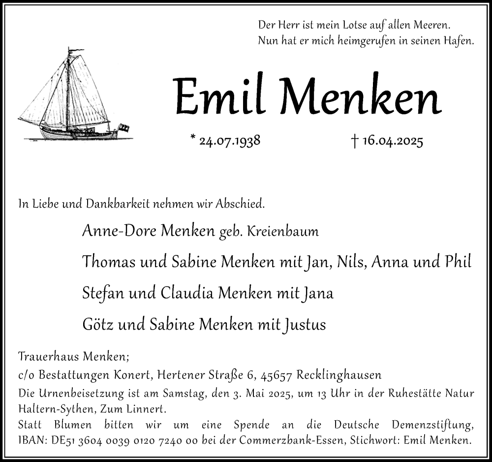  Traueranzeige für Emil Menken vom 26.04.2025 aus Trauer Vest