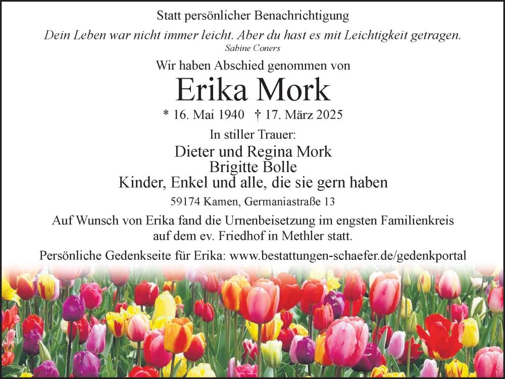  Traueranzeige für Erika Mork vom 01.04.2025 aus Hellweger Anzeiger