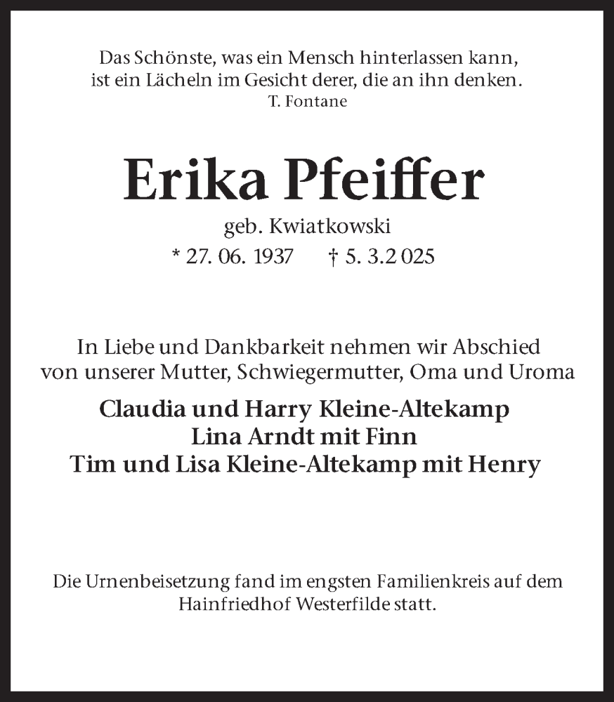  Traueranzeige für Erika Pfeiffer vom 12.04.2025 aus Stadtanzeiger Castrop-Rauxel
