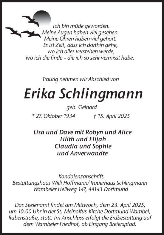 Traueranzeige von Erika Schlingmann von Ruhr Nachrichten