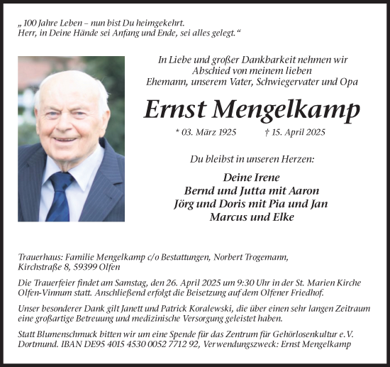 Traueranzeige von Ernst Mengelkamp von Ruhr Nachrichten