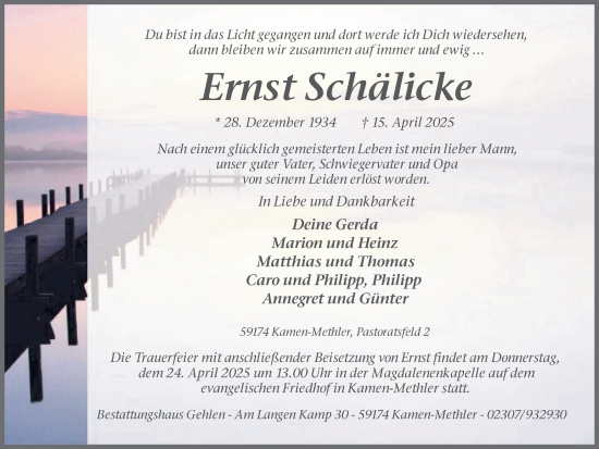 Traueranzeige von Ernst Schälicke von Hellweger Anzeiger