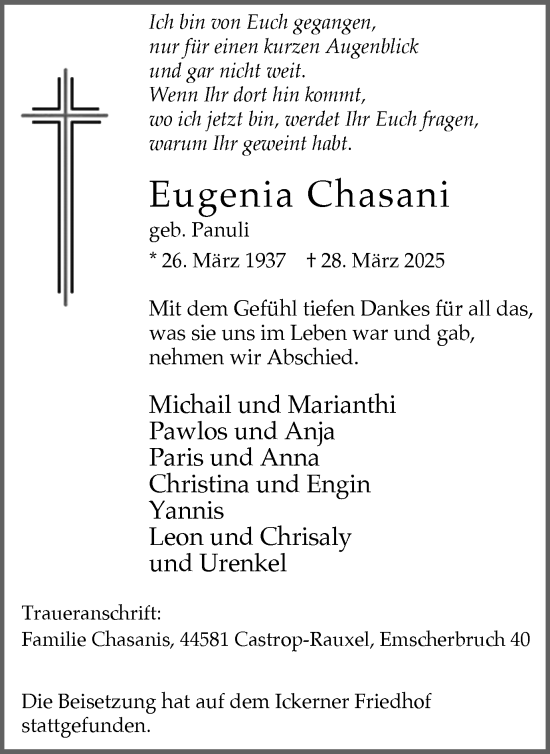 Traueranzeige von Eugenia Chasani von Stadtanzeiger Castrop-Rauxel