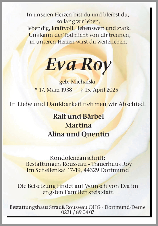Traueranzeige von Eva Roy von Ruhr Nachrichten