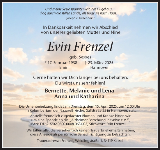 Traueranzeige von Evin Frenzel von Trauer Vest