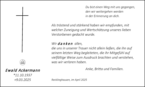 Traueranzeige von Ewald Ackermann von Trauer Vest
