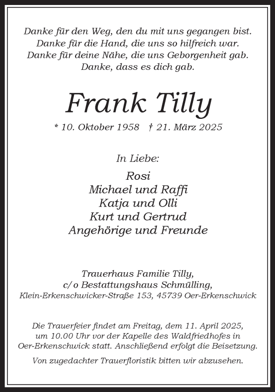 Traueranzeige von Frank Tilly von Trauer Vest