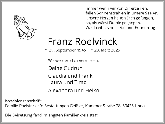 Traueranzeige von Franz Roelvinck von Hellweger Anzeiger