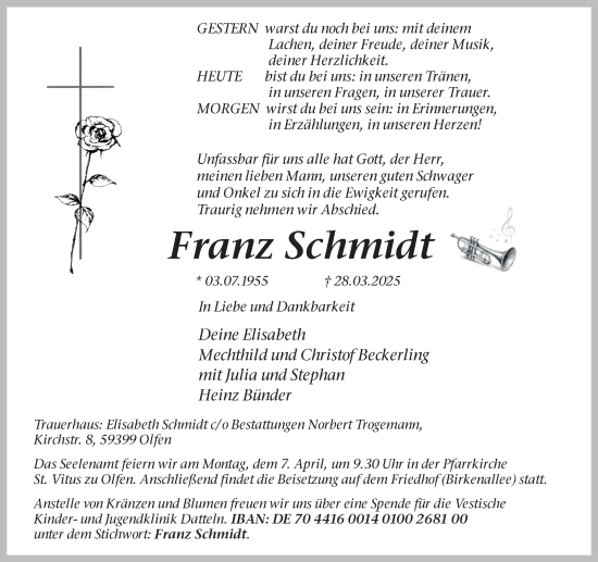 Traueranzeige von Franz Schmidt von Ruhr Nachrichten