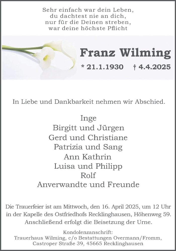  Traueranzeige für Franz Wilming vom 12.04.2025 aus Trauer Vest