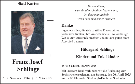 Traueranzeige von Franz Josef Schlinge von Münsterland Zeitung